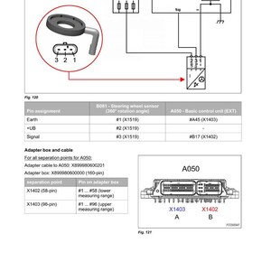 May include: Diagram of a steering wheel sensor (360&deg; rotation angle) and basic control unit (EXT). Includes pin assignments, adapter box details, and cable information. The diagram features a black sensor and electronic components.