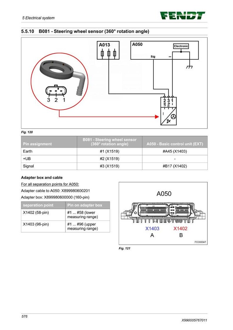 May include: Diagram of a steering wheel sensor (360&deg; rotation angle) and basic control unit (EXT). Includes pin assignments, adapter box details, and cable information. The diagram features a black sensor and electronic components.
