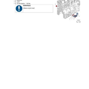 Puede incluir: Diagrama de un motor con etiquetas para componentes relacionados con el aceite. El texto incluye "30.29 - APPOINT DE L'HUILE" e instrucciones para la l&iacute;nea de aceite, tornillos y juntas. El diagrama est&aacute; etiquetado como "Fig. 1128".