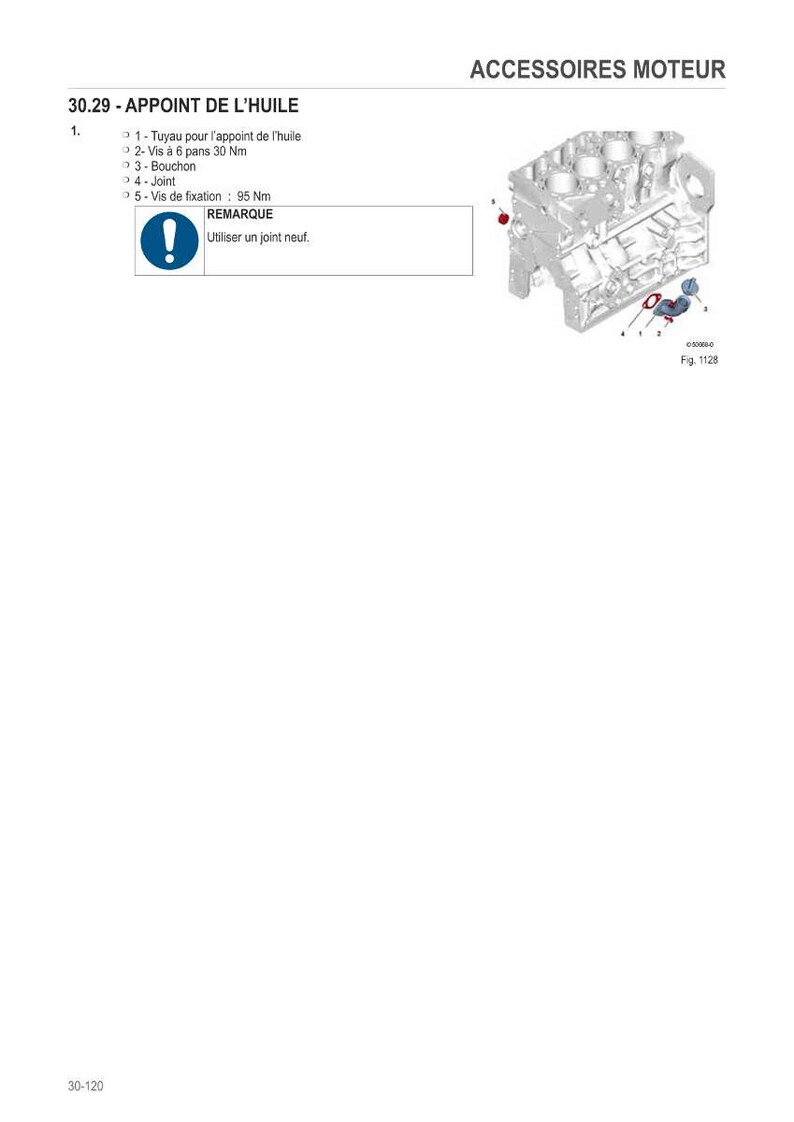 Puede incluir: Diagrama de un motor con etiquetas para componentes relacionados con el aceite. El texto incluye "30.29 - APPOINT DE L'HUILE" e instrucciones para la l&iacute;nea de aceite, tornillos y juntas. El diagrama est&aacute; etiquetado como "Fig. 1128".