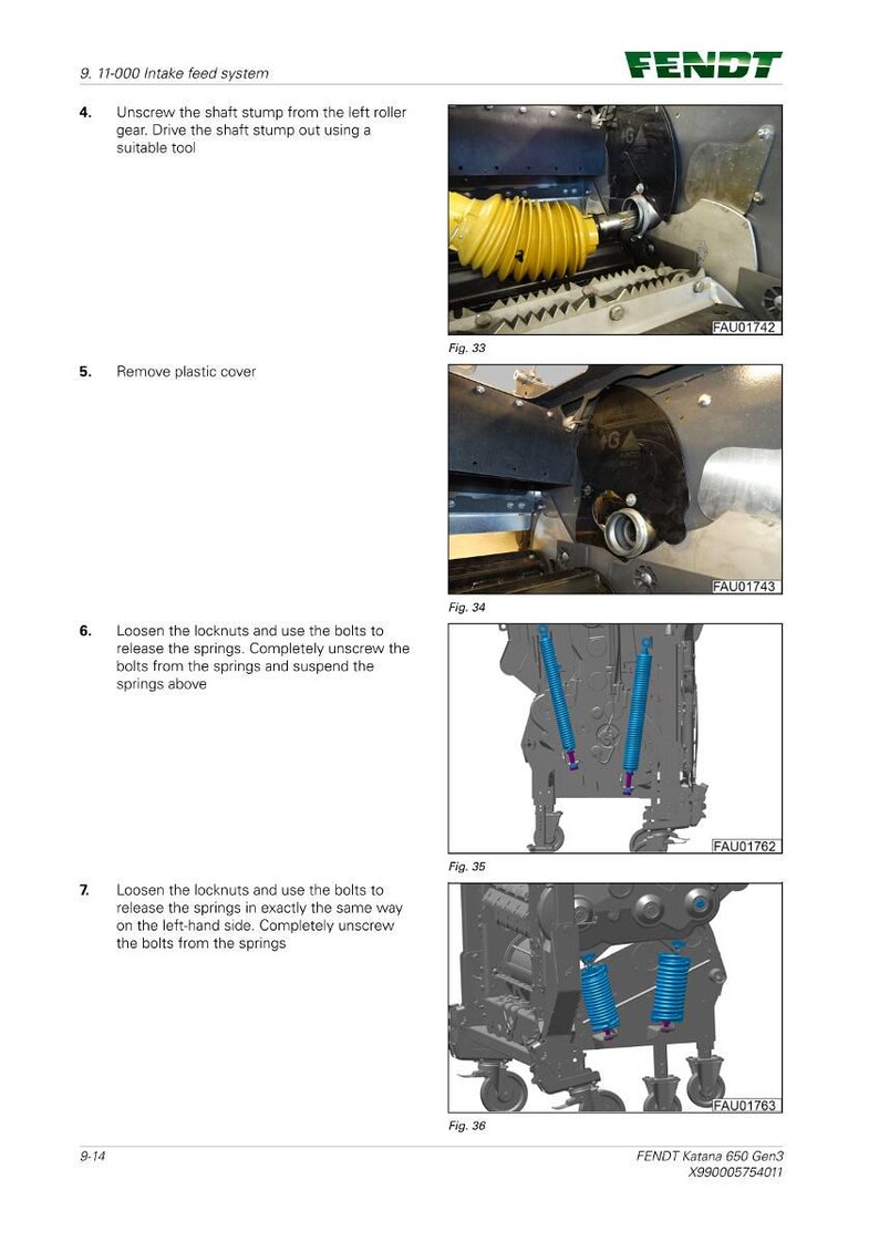 May include: Diagram of a Fendt Katana 650 Gen3 intake feed system. The image shows various steps, including removing a plastic cover and loosening bolts to release springs. Text and diagrams are included.