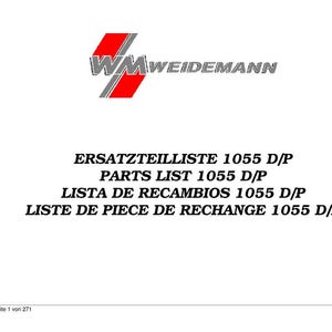 Puede incluir: Documento blanco con el logotipo de WM WEIDEMANN en la parte superior, con un dise&ntilde;o geom&eacute;trico rojo y gris. El texto incluye "LISTA DE RECAMBIOS 1055 D/P" y otros t&iacute;tulos de listas de piezas en alem&aacute;n y franc&eacute;s.