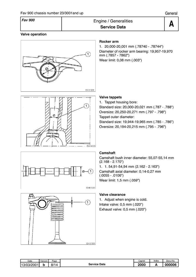 May include: Technical diagram with engine specifications. Includes diagrams of rocker arms, valve tappets, camshaft, and valve clearance. Measurements are in millimeters and inches. The document is dated March 13, 2001.