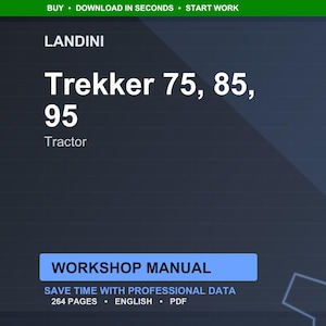 Op de afbeelding: Een digitale werkplaatshandleiding voor Landini Trekker tractoren, modellen 75, 85 en 95. De titel staat in grote witte tekst tegen een donkerblauwe achtergrond. De handleiding belooft tijd te besparen met professionele gegevens en telt 264 pagina's.