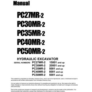 Może przedstawiać: Biała instrukcja warsztatowa z czarnym tekstem. Tytuł instrukcji to "Shop Manual". Instrukcja zawiera modele koparek PC27MR-2, PC30MR-2, PC35MR-2, PC40MR-2 i PC50MR-2. Instrukcja zawiera r&oacute;wnież numery seryjne i informacje o prawach autorskich.