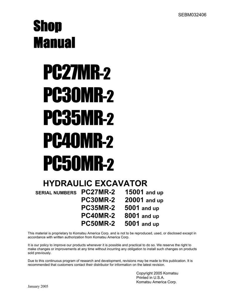 Może przedstawiać: Biała instrukcja warsztatowa z czarnym tekstem. Tytuł instrukcji to "Shop Manual". Instrukcja zawiera modele koparek PC27MR-2, PC30MR-2, PC35MR-2, PC40MR-2 i PC50MR-2. Instrukcja zawiera r&oacute;wnież numery seryjne i informacje o prawach autorskich.