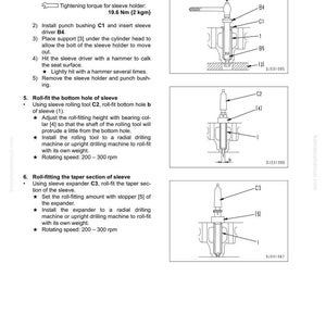 May include: Diagrams and instructions for repairing and replacing a nozzle holder sleeve. The image shows detailed illustrations of the process, including tools like sleeve holders, drivers, and expanders. Text includes torque specifications and rotating speeds.