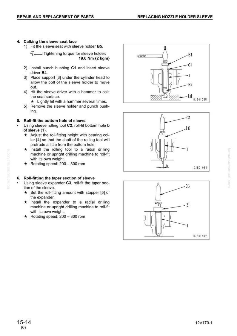 May include: Diagrams and instructions for repairing and replacing a nozzle holder sleeve. The image shows detailed illustrations of the process, including tools like sleeve holders, drivers, and expanders. Text includes torque specifications and rotating speeds.