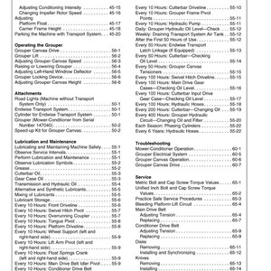 May include: A detailed table of contents from a manual, listing various maintenance and operational procedures for machinery. The pages are numbered, and the text is in black font.