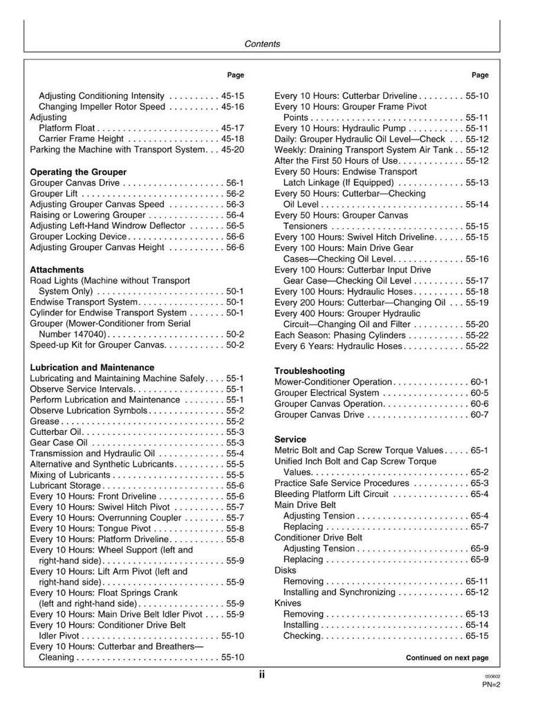 May include: A detailed table of contents from a manual, listing various maintenance and operational procedures for machinery. The pages are numbered, and the text is in black font.
