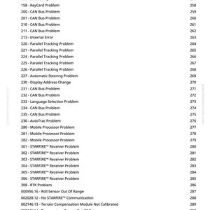 Op de afbeelding: Een afgedrukte pagina met een lijst van technische probleemcodes en beschrijvingen, waaronder "PC Data Card Problem", "CAN Bus Problem" en "STARFIRE Receiver Problem". De pagina bevat ook een websiteadres en een paginanummer.