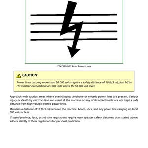 May include: A safety information graphic with the text "Avoid Power Lines" and a lightning bolt symbol. The image includes a warning about maintaining a safe distance from power lines, with a minimum distance of 10 ft (3 m).
