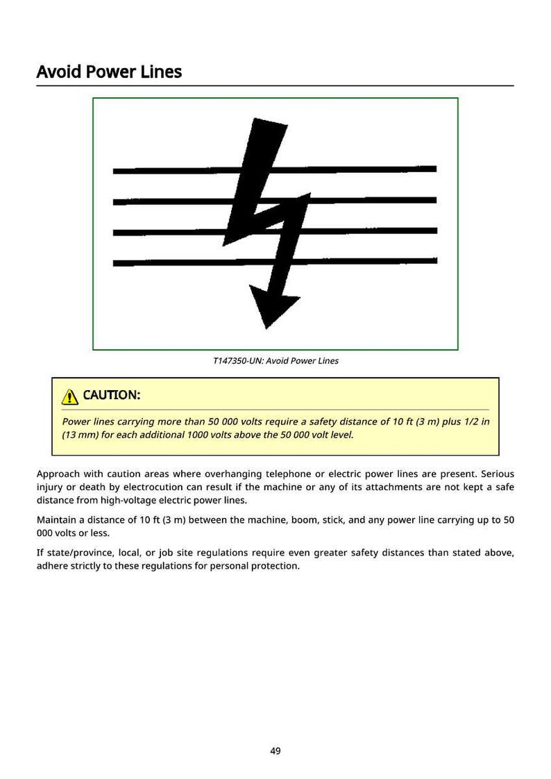May include: A safety information graphic with the text "Avoid Power Lines" and a lightning bolt symbol. The image includes a warning about maintaining a safe distance from power lines, with a minimum distance of 10 ft (3 m).
