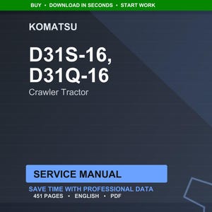Puede incluir: Manual de servicio digital para tractores de orugas Komatsu D31S-16 y D31Q-16. La portada es azul oscuro con texto blanco, incluyendo "SERVICE MANUAL" en un rect&aacute;ngulo azul. El manual contiene 451 p&aacute;ginas.