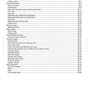 May include: A page from a manual titled "Contents" with a list of technical terms and page numbers. The document is for a 60 Maintenance standard. The text includes terms like "Engine and cooling system" and "Torque converter."