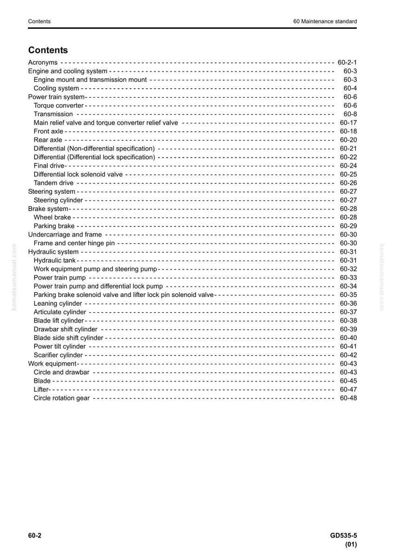May include: A page from a manual titled "Contents" with a list of technical terms and page numbers. The document is for a 60 Maintenance standard. The text includes terms like "Engine and cooling system" and "Torque converter."