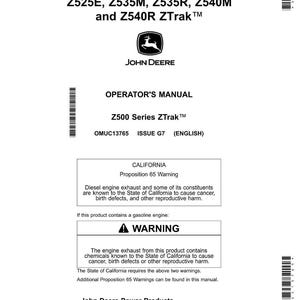 K&ouml;nnte beinhalten: Wei&szlig;es Bedienungshandbuch f&uuml;r Z500 Series ZTrak M&auml;her, mit dem John Deere Logo. Das Handbuch enth&auml;lt Warnhinweise zu Diesel- und Benzinmotoremissionen sowie Warnhinweise gem&auml;&szlig; Proposition 65.