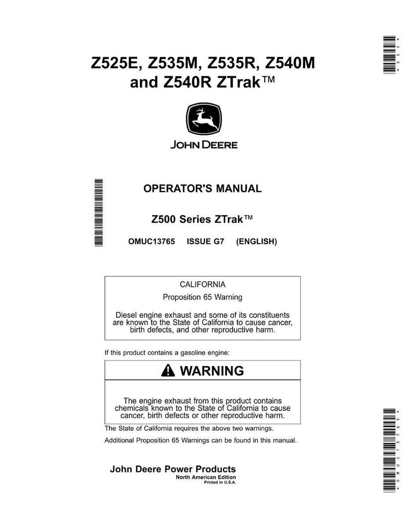 K&ouml;nnte beinhalten: Wei&szlig;es Bedienungshandbuch f&uuml;r Z500 Series ZTrak M&auml;her, mit dem John Deere Logo. Das Handbuch enth&auml;lt Warnhinweise zu Diesel- und Benzinmotoremissionen sowie Warnhinweise gem&auml;&szlig; Proposition 65.