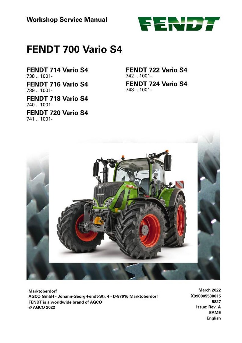 May include: A green and red Fendt 700 Vario S4 tractor, featured in a workshop service manual. The manual lists various models, including the 714, 716, 718, 720, 722, and 724. The image includes the Fendt logo and model details.