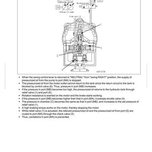 Pode incluir: Diagrama t&eacute;cnico que ilustra a estrutura e a fun&ccedil;&atilde;o de um motor oscilante, detalhando o fluxo de &oacute;leo hidr&aacute;ulico. A imagem apresenta uma bomba hidr&aacute;ulica, v&aacute;lvulas e portas, acompanhada de texto explicativo sobre o funcionamento do motor ao parar.