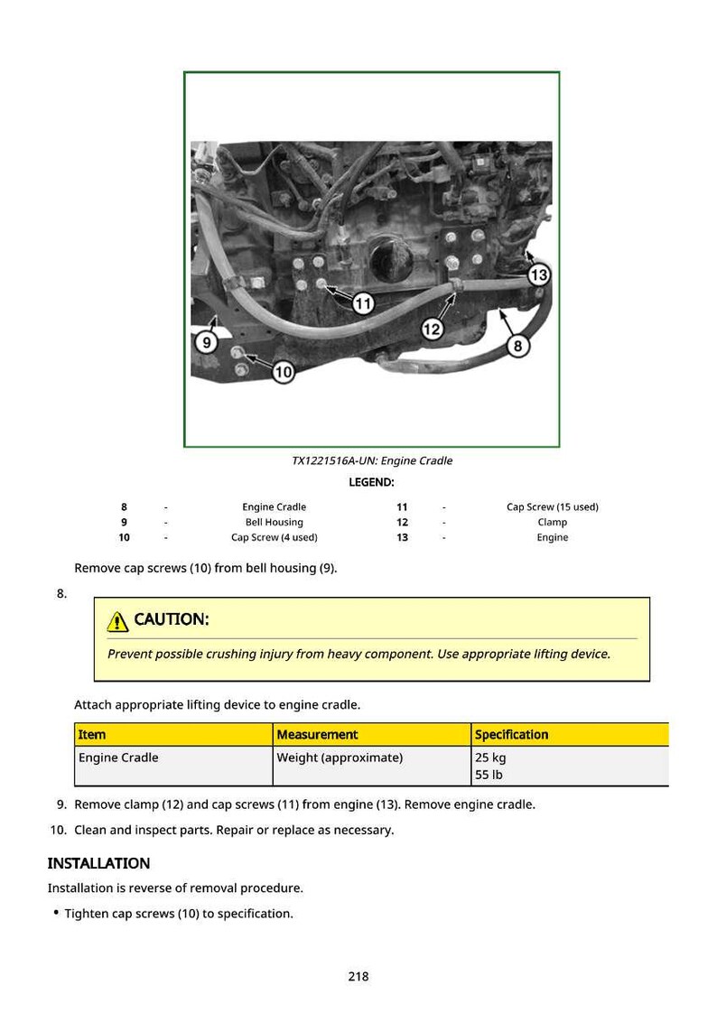 May include: Diagram of an engine cradle with labeled components, including cap screws, bell housing, and clamp. The image includes a warning about crushing injuries and approximate weight of 55 lb.