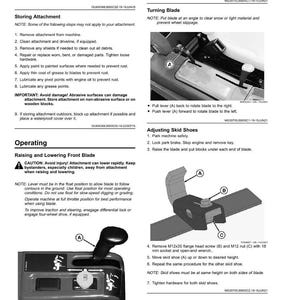 Puede incluir: P&aacute;gina de un manual de equipos con instrucciones de funcionamiento y mantenimiento. El manual incluye diagramas y texto que detallan los procedimientos para almacenar, girar la cuchilla y ajustar los patines.