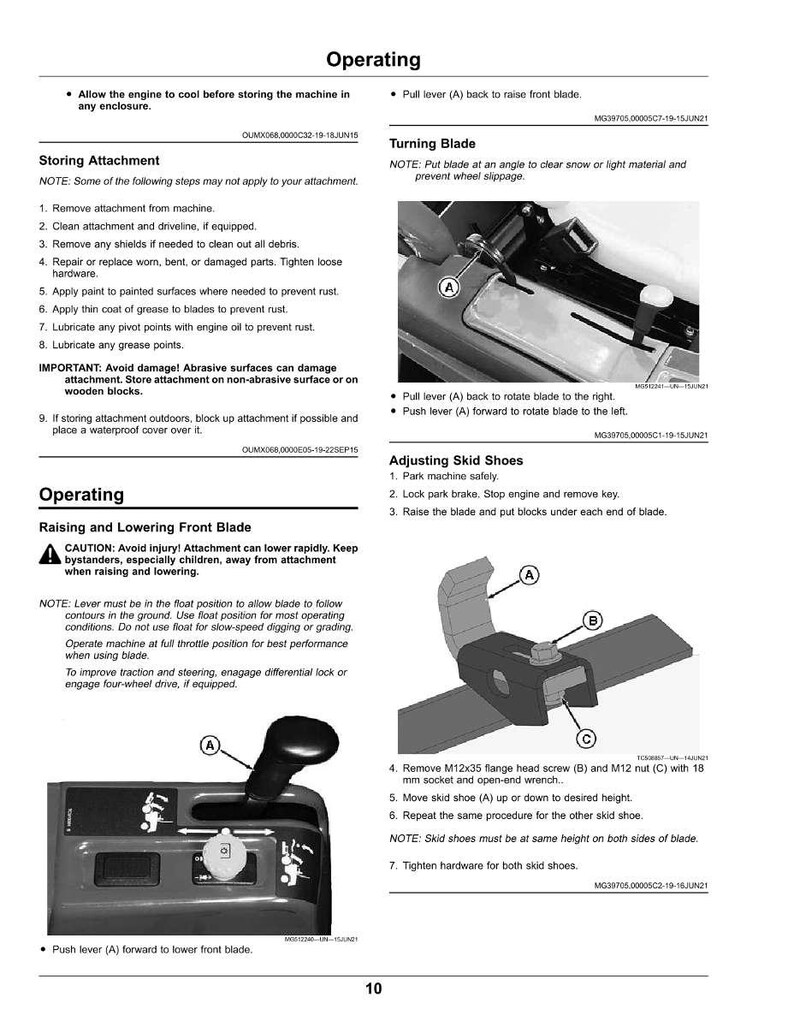 Puede incluir: P&aacute;gina de un manual de equipos con instrucciones de funcionamiento y mantenimiento. El manual incluye diagramas y texto que detallan los procedimientos para almacenar, girar la cuchilla y ajustar los patines.