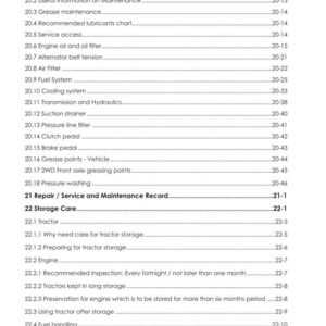 May include: A white document detailing tractor maintenance, featuring a contents list. Sections cover maintenance schedules, engine care, and storage. The document is marked "Discovery II P/N 6754273A1". Measurements are in metric.