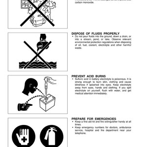 May include: A safety instruction sheet with black and white illustrations. The sheet includes warnings about ventilation, fluid disposal, acid burns, and emergency preparedness. Text includes "SAFETY INSTRUCTIONS".