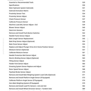 May include: A white page from a manual with a list of technical terms related to agricultural machinery, including sensors, switches, and hydraulic systems. The text is in black, with page numbers on the right.