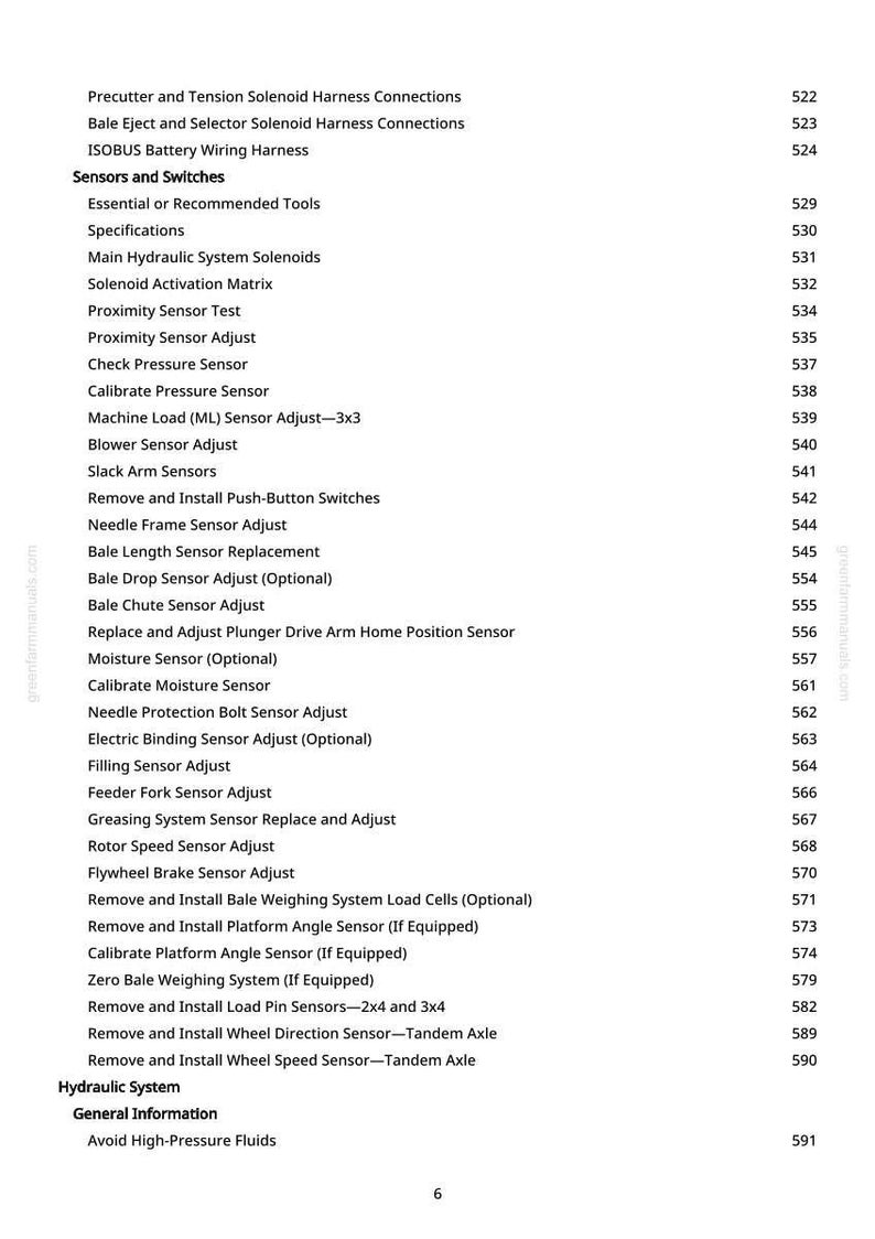 May include: A white page from a manual with a list of technical terms related to agricultural machinery, including sensors, switches, and hydraulic systems. The text is in black, with page numbers on the right.