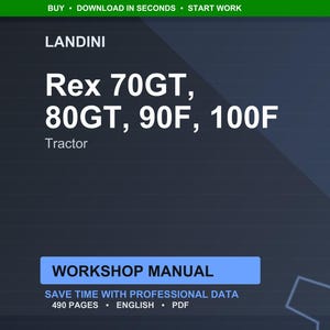 Puede incluir: Manual de taller digital para tractores Landini, incluidos los modelos Rex 70GT, 80GT, 90F y 100F. El manual est&aacute; en ingl&eacute;s, contiene 490 p&aacute;ginas y est&aacute; disponible en formato PDF. La imagen tiene un fondo azul oscuro con texto blanco.