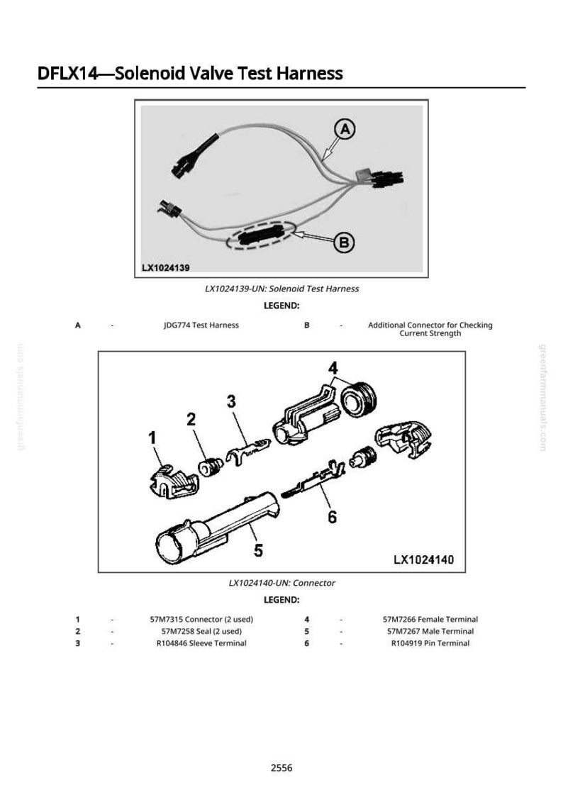 May include: Diagram of a solenoid valve test harness, labeled DFLX14, with various components and connectors. Includes a wiring diagram and detailed views of the LX1024139 and LX1024140 connectors, with a legend for each component.