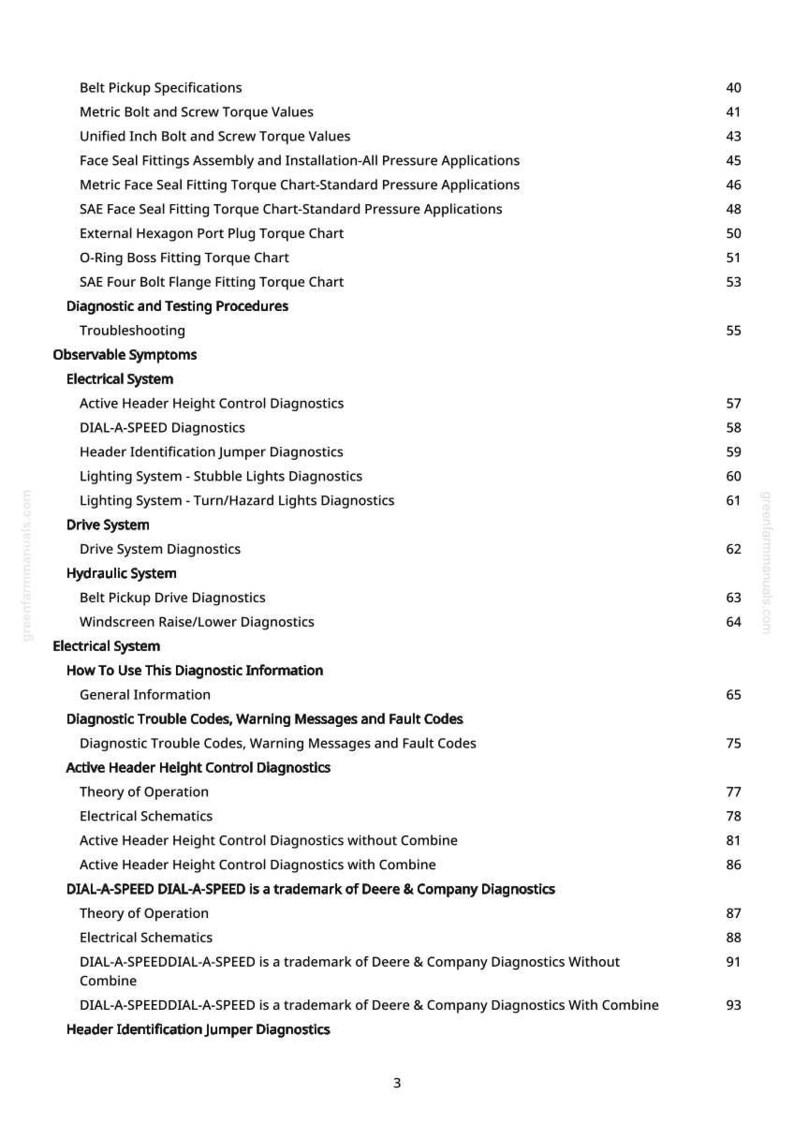 May include: A manual page with a detailed table of contents. It lists specifications, diagnostics, and troubleshooting procedures for agricultural machinery. Topics include electrical and hydraulic systems, and fault codes.