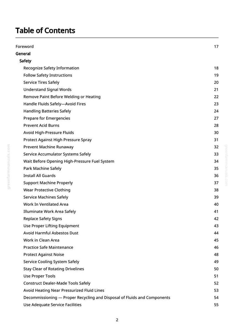 Op de afbeelding: Een pagina uit een handleiding met de titel "Inhoudsopgave". Het document bevat veiligheidsonderwerpen zoals "Veiligheidsinformatie herkennen" en "Schadelijk asbeststof vermijden". Paginanummers staan rechts.