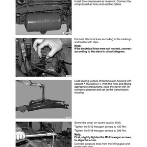 Peut inclure: Diagramme technique d'un manuel de r&eacute;paration, montrant les &eacute;tapes d'installation d'une transmission &agrave; variation continue. Comprend des images de connexion de conduites d'air, de lignes &eacute;lectriques et de serrage de vis. Texte : "Farmer 400" et "Installation de la transmission &agrave; variation continue."
