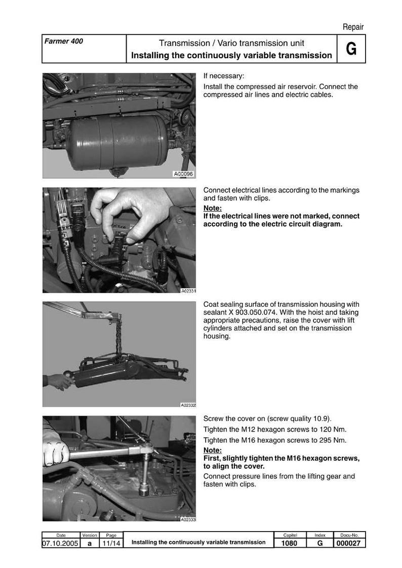 Peut inclure: Diagramme technique d'un manuel de r&eacute;paration, montrant les &eacute;tapes d'installation d'une transmission &agrave; variation continue. Comprend des images de connexion de conduites d'air, de lignes &eacute;lectriques et de serrage de vis. Texte : "Farmer 400" et "Installation de la transmission &agrave; variation continue."