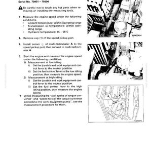 May include: A page from a manual titled "Measuring Engine Speed." The text details procedures for measuring engine speed, including coolant and oil temperature ranges. Diagrams and illustrations accompany the text, providing visual guidance for the process.
