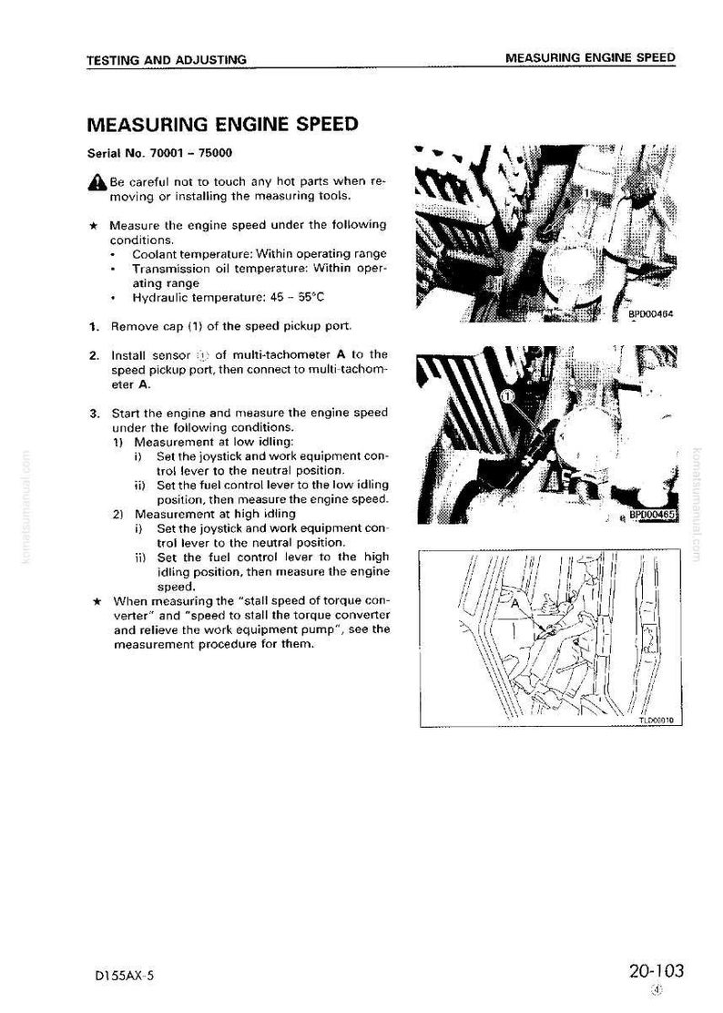 May include: A page from a manual titled "Measuring Engine Speed." The text details procedures for measuring engine speed, including coolant and oil temperature ranges. Diagrams and illustrations accompany the text, providing visual guidance for the process.