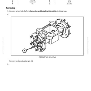 May include: Diagram of a wheel hub assembly with a detailed view of its components, including a castle nut cotter pin. The image includes a legend with part names and a step-by-step guide for removing the wheel hub.