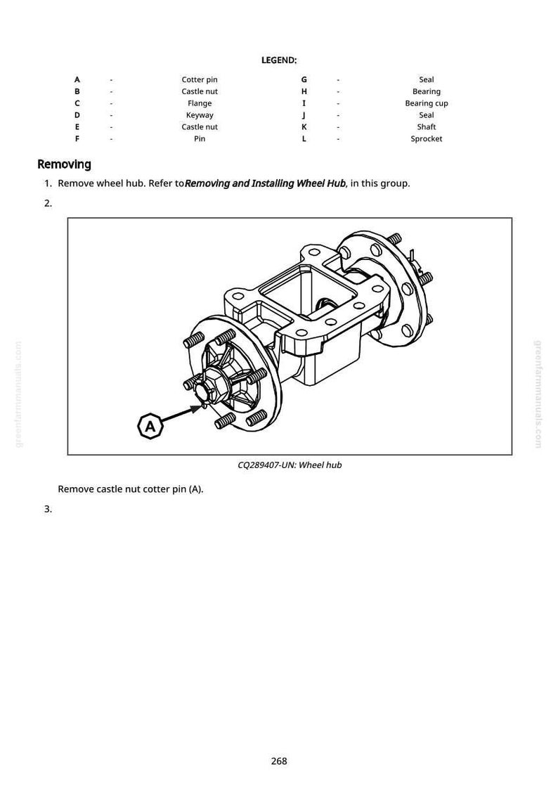 May include: Diagram of a wheel hub assembly with a detailed view of its components, including a castle nut cotter pin. The image includes a legend with part names and a step-by-step guide for removing the wheel hub.