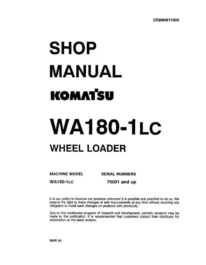 May include: A white shop manual for a Komatsu WA180-1LC wheel loader. The cover features the title in large, bold, black text. Additional text includes the machine model, serial numbers, and a disclaimer.