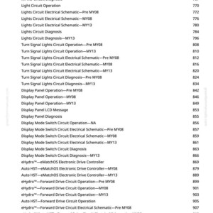 May include: A detailed list of electrical schematics and circuit operations, including "MFWD Circuit," "Lights Circuit," and "Turn Signal Lights Circuit." The document also covers "Display Panel" and "Display Mode Switch Circuit" operations. The text is in black font on a white background.