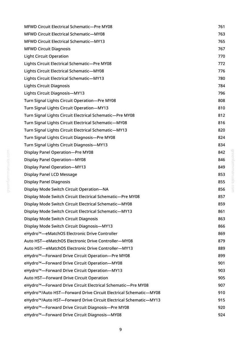 May include: A detailed list of electrical schematics and circuit operations, including "MFWD Circuit," "Lights Circuit," and "Turn Signal Lights Circuit." The document also covers "Display Panel" and "Display Mode Switch Circuit" operations. The text is in black font on a white background.