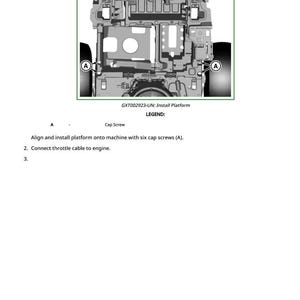 May include: Diagram illustrating the installation of a machine platform. The image shows a top-down view of the platform, with labels and annotations. It includes instructions for aligning and installing the platform with cap screws.