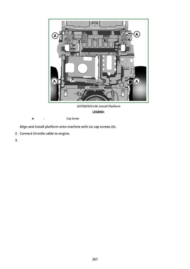 May include: Diagram illustrating the installation of a machine platform. The image shows a top-down view of the platform, with labels and annotations. It includes instructions for aligning and installing the platform with cap screws.