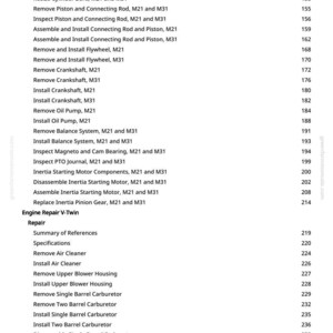 May include: A white page with a detailed table of contents for engine repair, including procedures like "Inspect Cylinder Bore" and "Remove Flywheel." The page numbers are listed on the right.