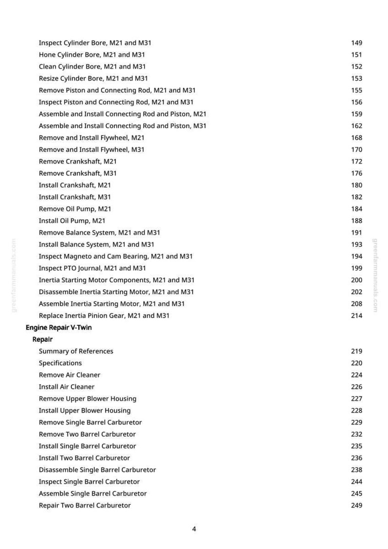 May include: A white page with a detailed table of contents for engine repair, including procedures like "Inspect Cylinder Bore" and "Remove Flywheel." The page numbers are listed on the right.