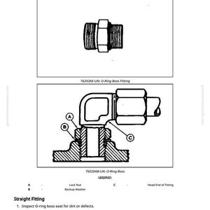 May include: Diagram of O-Ring Boss fittings with torque chart. Includes illustrations of straight and angled fittings, labeled with letters and descriptions. Text provides instructions for inspecting, lubricating, and tightening the fittings.