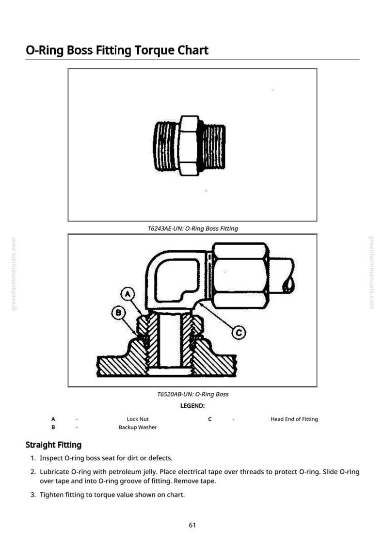 May include: Diagram of O-Ring Boss fittings with torque chart. Includes illustrations of straight and angled fittings, labeled with letters and descriptions. Text provides instructions for inspecting, lubricating, and tightening the fittings.